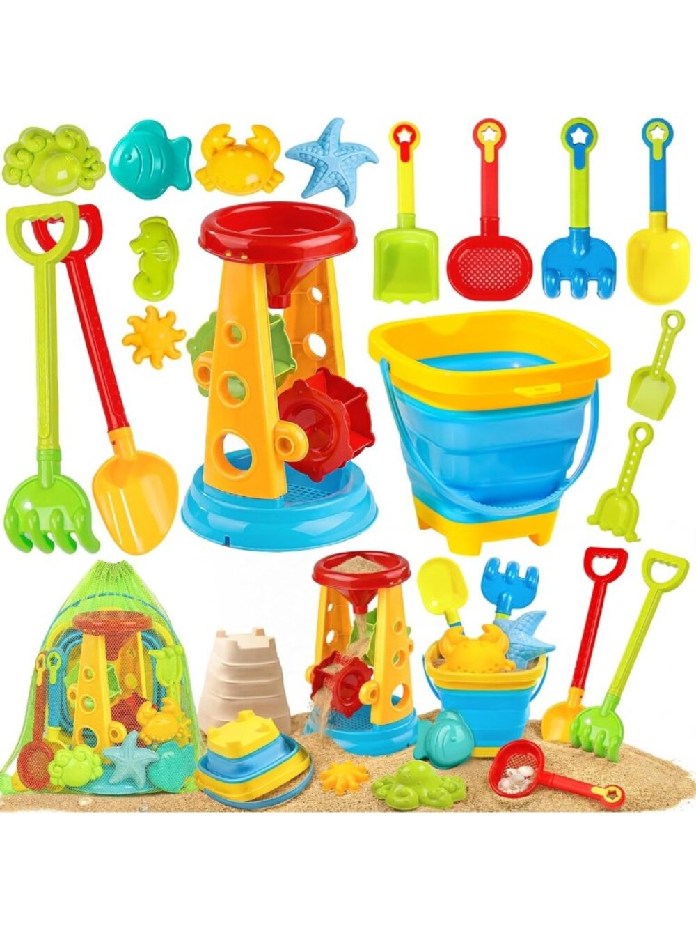 Collapsible Beach Sand Toys Set for Kids - Bucket, Water Wheel, Shovels & Molds